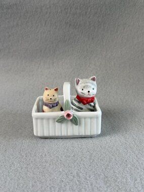 Vintage Ceramic Cat Figurines In Basket - Grey Tabby & Cream Cat With Floral Det